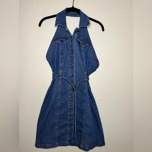 Sleeveless Button-Front Denim Dress with Belt